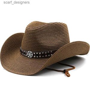 Szerokie brzeg kapelusze wiadra kapelusze nowa design naturalny papier Western Cowboy Hat Wide Brim Men Men Summer Beach Straw Hats Panama Cowgirl Jazz Caps Y240409