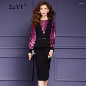 Casual Dresses Zjyt Elegant Beading Patchwork Pencil Dress for Women Office Spring 2024 Designer Long Sleeve Black Formal Party Plus Size