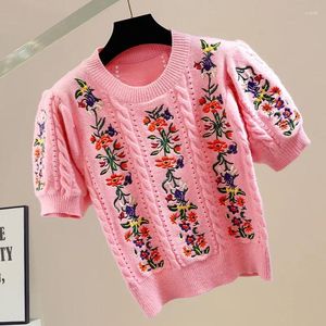 Swetery dla kobiet w stylu eleganckie haftowany dzianinowy sweter Tshirt Kobiet Summer Puff Rleeve O-Neck Tops Pullovers Stylowa moda