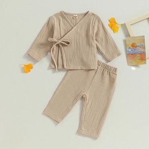 Set di abbigliamento neonati neonati ragazzo caduta in cotone in lino in cotone top maniche lunghe kimono e pantaloni da 2 pc abiti di base semplici set