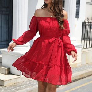 Casual Dresses Hairball Chiffon Off Shoulder Women Long Sleeve Belt Dress A-Line Ruffles Loose Midi Holiday Sundress