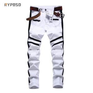 Jeans White Men Skinny Jeans Pants 2023 Fashion Haruku Streetwear Hip Hop Slim Jeans Zippers Casual Patchwork Ripped Denim Trousers