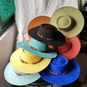 Elegant kvinnors mocka nubuck läder fedora hatt mens jazz varm 95 cm bredkant mode bälte spännetillbehör 240401