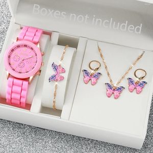 Avanadores de punho 4pcs/set Genebra Women's Weln's Fashion Silicone Band Quartz Pink Butterfly Jewelry Set (sem caixa)