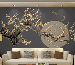 Customized beautiful new Chinese style plum blossom bright moon light luxury golden embossed line background wallpaper