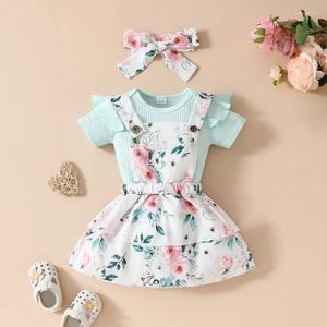 Giyim setleri bebek kız 3 adet yaz set yuvarlak boyun kısa kollu romper çiçek askı etek kafa bandı kıyafetleri