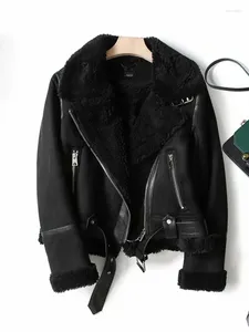 Женская кожаная зимняя куртка Женщины панк замшевый меховой пальто байкер мотоцикл теплый черная верхняя одежда ED1838