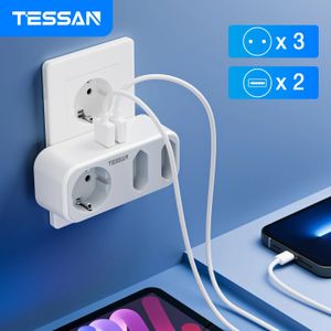 TESSAN EU Plug Wall Socket Extender with 3 AC Outlets +2 USB Ports 5V 2.4A Adapter 5-in-1 Plug Socket with Overload Protection