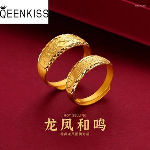 Klaster Pierścienie Qeenkiss złote zaangażowanie dla kobiet 24KT Dragon Phoenix Para miłośnicy pierścionka z biżuterią Wedding Bride Groom Groom Prezenty RG5188