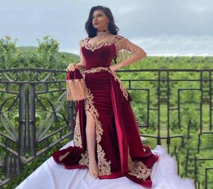 Burgundy Evening Dress with Detachable Train High Neck Appliques Morocco Kaftan Velvet Mermaid Arabic Muslim Prom Party Dress7598894