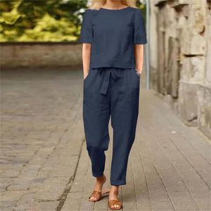 Kadınlar İki Parçalı Pantolon 2024 Yaz Kadınlar Kısa Kollu Bluz Harem Setleri 2 PCS Sold Priolsuit Set Gevşek Yuvarlak Boyun Günlük Eşleştirme