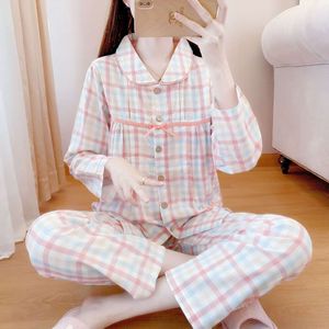 2022 Fresh Checker Spring/summer Pregnant Women's Breathable Sweat Absorbing Set with Double Layer Gauze Moonlight Cloth, Cotton Yarn Nursing Pajamas