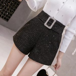 Moda rhinestones tweed şort kadınlar yaz pullu siyah kadınlar parıltı elmas kemer yüksek bel kısa femme 240409