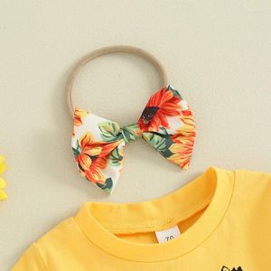 Kleidungssets Kleinkind Baby Mädchen Sommer-Outfits Buchstaben kurz Ärmeln T-Shirts Tops Sonnenblumen Shorts Stirnband 3pcs Kleidung Set