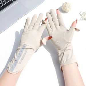 Summer Sunscreen Gloves Women Thin Ice Silk Anti-ultraviolet Dew Finger Touch Screen Driving Riding Non-slip Breathable UPF 50