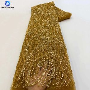 シンヤブラックフルパールスパンコールアフリカンレースファブリック2024フランス刺繍高品質の豪華な重いビーズブライダルウェディングレース