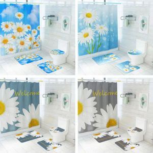 Sunflower Print Fabric Shower Curtains Bathroom Curtain Set Flower Anti-skid Rugs Carpet Toilet Lid Cover Bath Mat Sets for Home