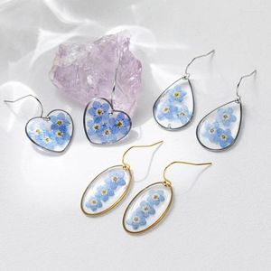 Dangle Earrings DRIED FLOWER Forget Me Not Blue Resin Wild Heart Shape Dry Floral Jewelry For Women Mother's Day Gift