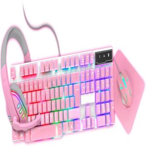 Combos Gamer Girl 4in1 Светодиодный розовый набор, многоцветная светодиодная клавиатура, микрофон, гарнитура + мышь и мыши