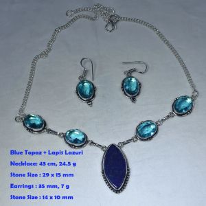 Genuine Larimar Moonstone Labradorite Mystic Topaz Peridot Necklace + Earings Silvers Overlay over Copper