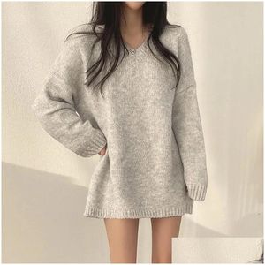 Kobiety swetry jesienne zima kobiety dzianina moda koreańska duża prosta V SCECH SLIVE HARAJUKU Solid Puff Rleeves Casual Drop Deli Dhtbz