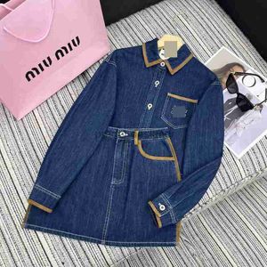 Women's Two Piece Dress Set Designer suit skirt women's clothing contrasting denim deer skin velvet edge lapel shirt paired with A line skirt two piece set