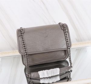 Hochwertige Einkaufstasche 533037 Fashion Designer -Tasche Real Leder Messenger Bag Silber Kette Schulterkreuzkörper Klassische Flap Frauen Geldbeutel XY49 Brieftasche für Grau