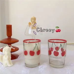 Mugs Korean INS Vintage French Girl Heart Cute Cherry Print Glass Milk Juice Cup Breakfast Water