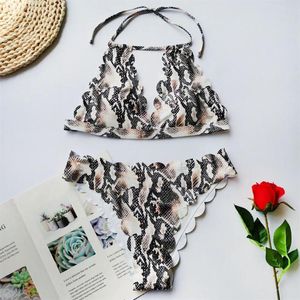 Women's Swimwear Snake Print Swimsuit Scalloped Bikini Halter Women Bather Thong 2 Piece Micro Bikinis Sets Brazilian Mujer Beach Outfit