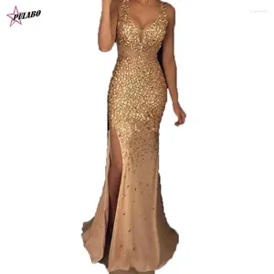 Casual Dresses PULABO Vestido De Noche Vintage Sequined Evening Sexy V-neck Sleeveless Gold Prom Mermaid Gowns Elegant Abendkleider