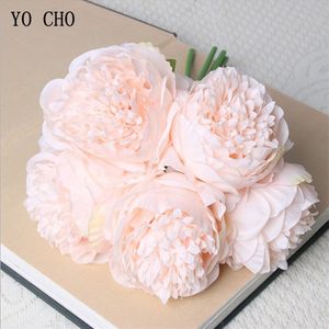 YO CHO 5pc Big Peony Artifcial Silk Flower Wedding Bouquet Decor White Peony Home Display Fake Flower Pack Heart Peony Pink Rose