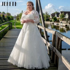 JEHETH A-LINE TULLE bröllopsklänningar plus storlek full ärmar älskling brudklänningar klassiska applikationer eleganta vestido de mariages