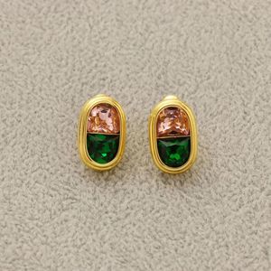 Stud Earrings Japan And South Korea Oval Button Shape Pink Green Gem European American Fashion Trend Ladies