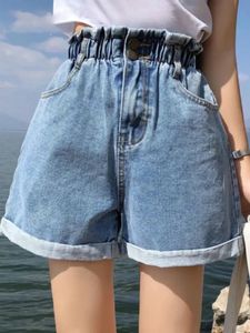 Mode Elastic High Maisted Denim Shorts Black Womens S-5XL Classic Contrast Color Pleated Harlem Style Womens Short Jeans 240329