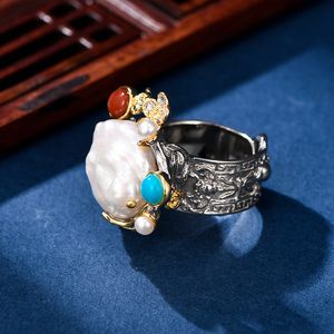 Neuankömmlinge elegante 925 -stöckige Silberring übertriebene Persönlichkeit entworfen 925 Silberschmuck Barock Perlenfinger Ring reiner handgefertigter Silberring