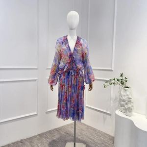 Повседневные платья шелк 2024 синий пурпурный лето -лето высшее качество винтажные винтажные оборки с длинным рукавом мини -скриночная женщина Миди платье