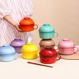 Schalen Japanischer Stil Keramik Süßes Cartoon Instant Noodle Bowl mit Deckel und kreatives Büro -Obstgeschirr mit großer Kapazität