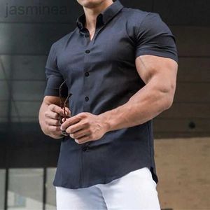 Mäns casual skjortor sommarmän ren färg bekväma blusar män svart kortärmade skjortor avslappnad sport singel breasted man slim fit shirt topp 2449