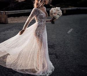 Shiny Sequined Lace Wedding Dress 2020 New Simple Sheer Vneck Illusion Vestido de Noiv Custom Made Bride Dress Beach Wedding Dres8830464