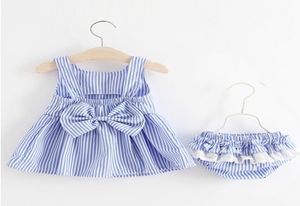 2018 Girls Baby Childrens Clothings Sets Bow Striped Dresses Shorts 2pcs Set Summer Cotton Bow Princess Dress Boutique Clothes OUSF3963737