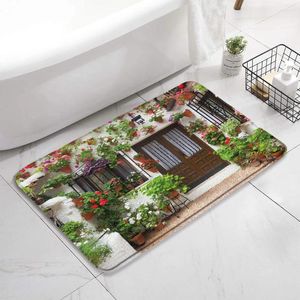 Badmatten Duschvorhänge Pflanzen Pad alte Türen Vintage Architektur Wanddekoration ländliche Landschaft Flanell Teppich Badewanne Dekor Set Set