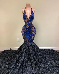 Yeni Varış Sequin Siyah Kızlar Denizkızı Prom Elbiseler Plus Boyut Derin V Boyun Sabit Prom Elbise 3d Gül Çiçekleri Balo GOWNS BC11783