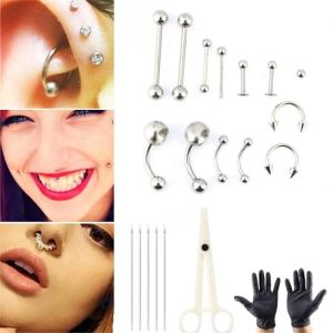 1 Impostare il kit di strumenti per piercing del corpo professionale usa e getta per piercing strumenti di morsetto ad ago per trago tragus naso per sopracciglia per l'ombelico dell'ombelico 316