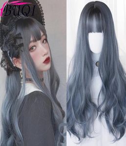 BUQI Omber Wigs Long 28inches Dark Blue Water Wave Bangs Heat Resistant Hair For Women Cosplay Party Prom Lolita Halloween1140032