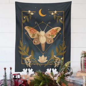 Wandteppiche Boho Motte Wandteppich Mond Phase Blumen Schmetterling Wandhänge Party Dekorationen Schwarz Wohnkultur für Schlafzimmer Wohnzimmer