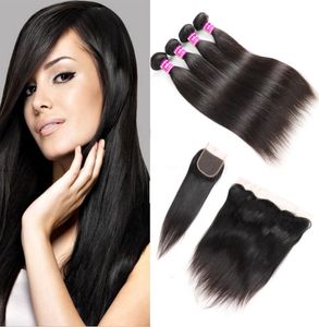Polecaj Malezji Virgin Hair Sprzedawcy proste ludzkie splot włosów z koronkowym zamknięciem czołowe brazylijskie włosy Extensio4441685