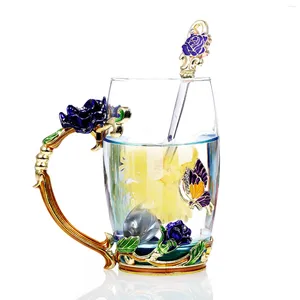 Wine Glasses 320ML 350ML Water Cup Chrysanthemum Enamel Craft Drink Mug With Handle Design Tea Coffee Spoon Cleaning Cloth Set