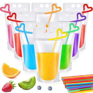 Aufbewahrungstaschen 200pcs Getränkebeutel klarer Saft Smoothie Obst -Trinkbeutel mit Strohhalmen wiederverwendbares Griff Erwachsener Kinder Strand Partyzubehör