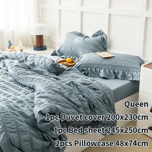 Sängkläder sätter 2024 Söt rufsad set Blue Bed Sheet Pillow Case Comporter 4st Soft Kawaill Princess Däcke Cover