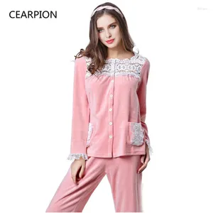 Home Clothing CEARPION Autumn Winter Clothes Women Warm Velvet Pajamas Set Lace Cute 2 PCS Shirt&Pant Long Sleeve Lady Nightwear M-XL